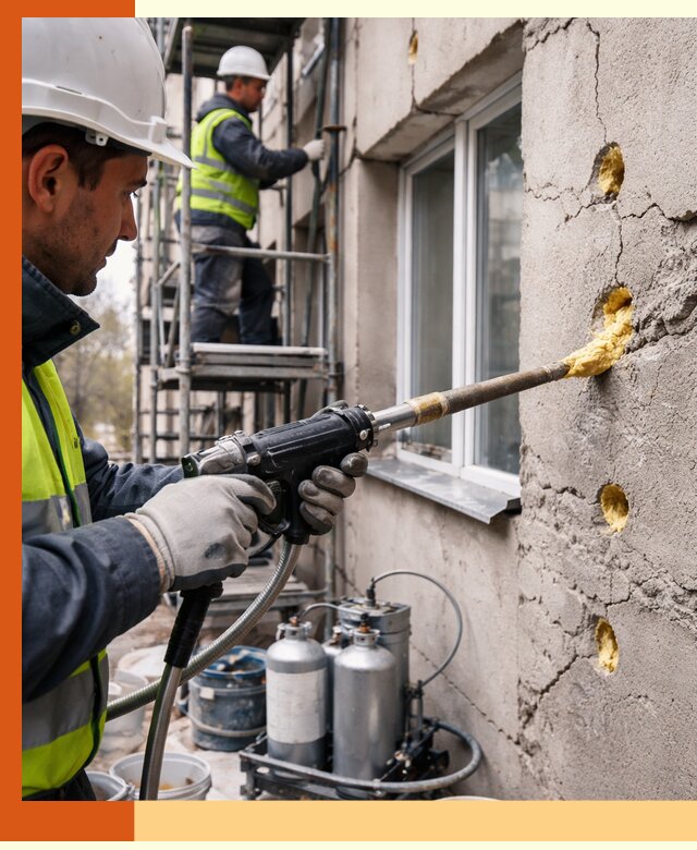 Заполнение пустот в фасаде и утепление стен в Дубне