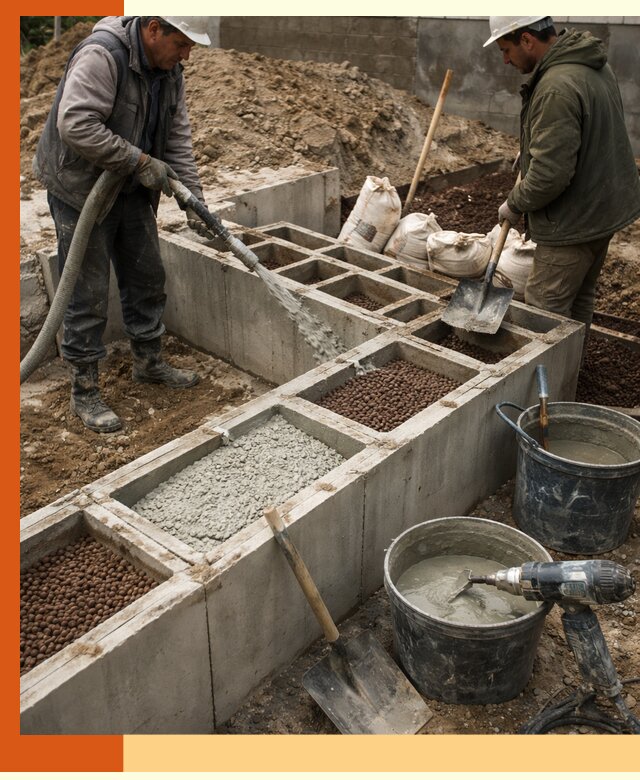 Заполнение полостей фундамента в Дубне герметичным утеплением и повышением прочности